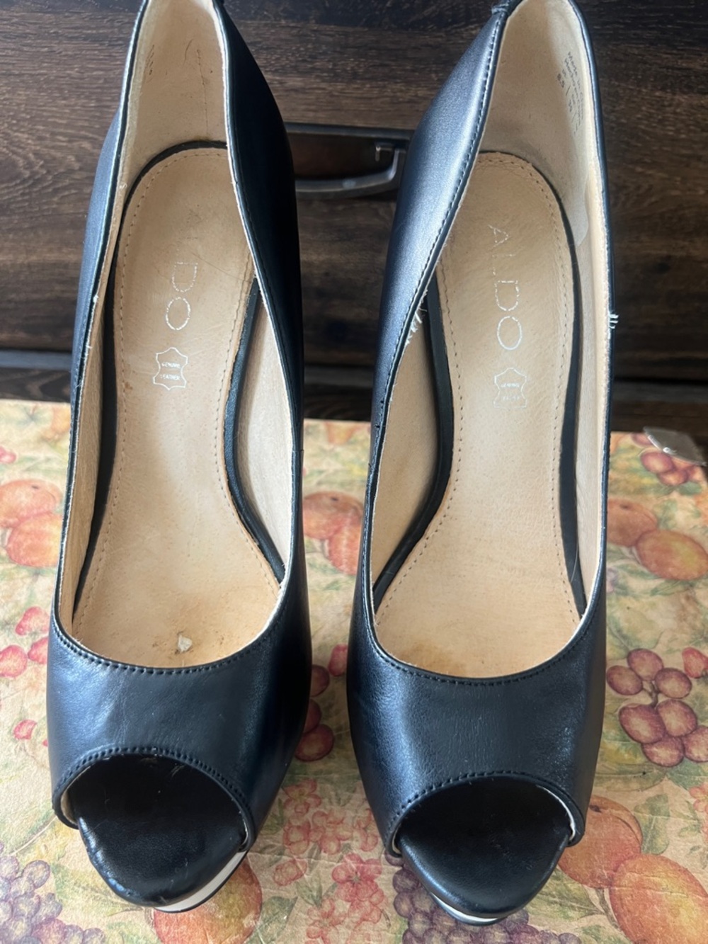 Aldo Black Leather Peep-Toe Pumps
